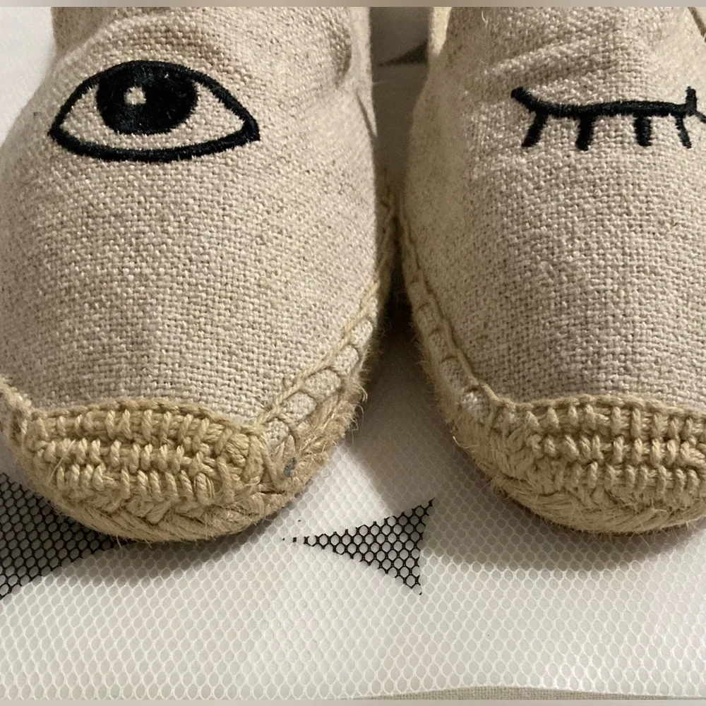 Soludos Beige Espadrille Slippers with Black Eye Embroidery